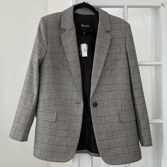 Madewell Italian Wool Fabric Houndstooth Plaid Blazer w/Contrast Felted Collar - Picture 12 of 16